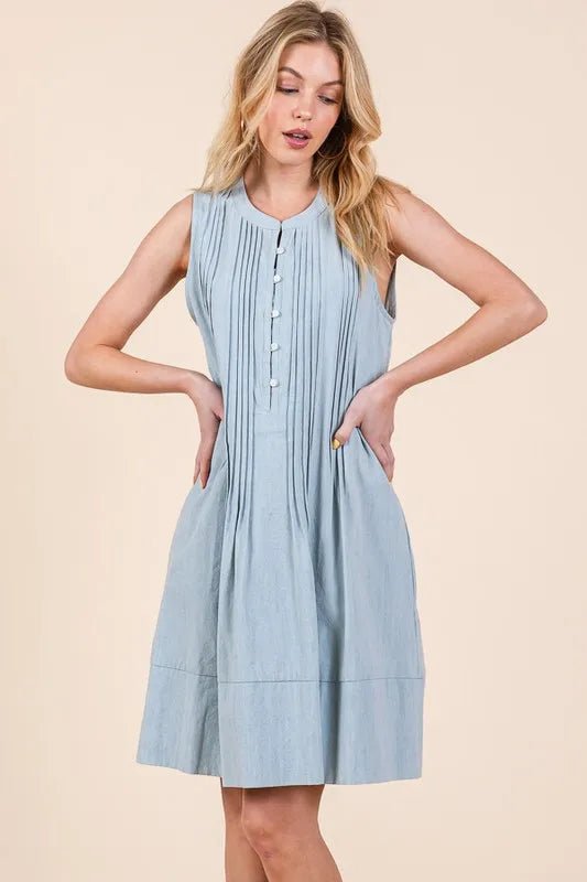 Lime 'N' Chili Denim Pintuck Detail Sleeveless Midi Dress - BlissfulBody.Boutique