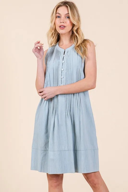 Lime 'N' Chili Denim Pintuck Detail Sleeveless Midi Dress - BlissfulBody.Boutique