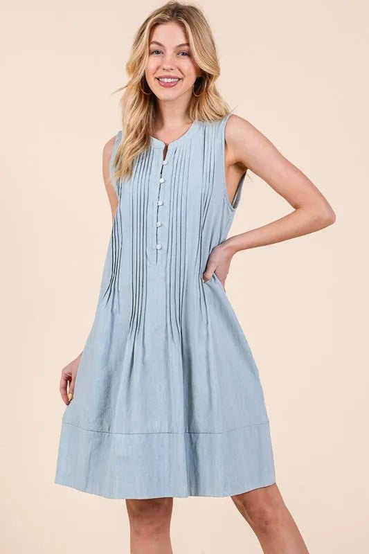 Lime 'N' Chili Denim Pintuck Detail Sleeveless Midi Dress - BlissfulBody.Boutique