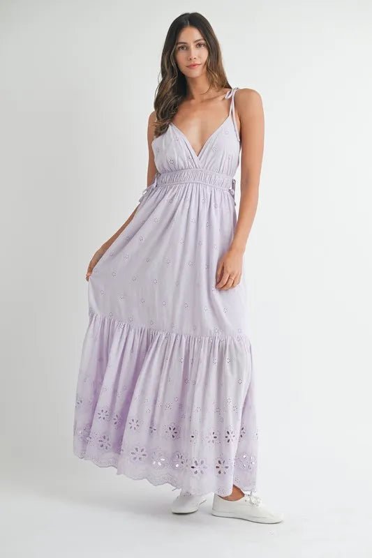 MABLE Eyelet Lace Maxi Dress With Side Strap Details - BlissfulBody.Boutique