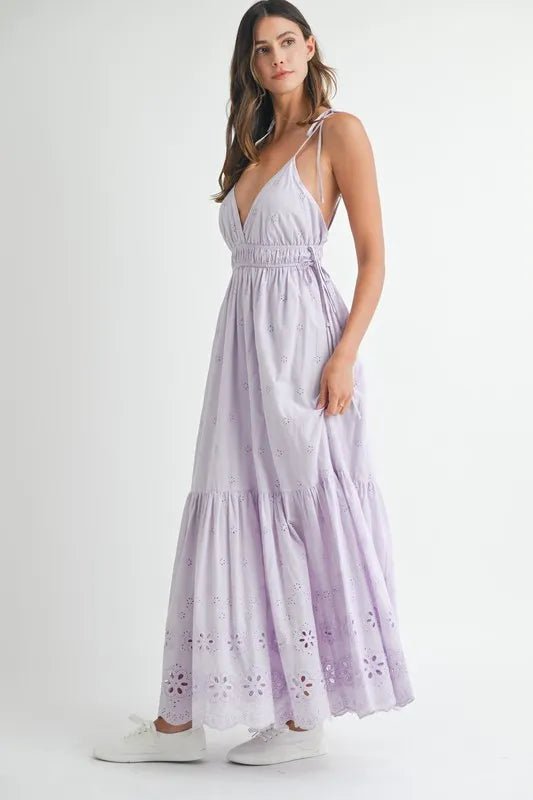 MABLE Eyelet Lace Maxi Dress With Side Strap Details - BlissfulBody.Boutique