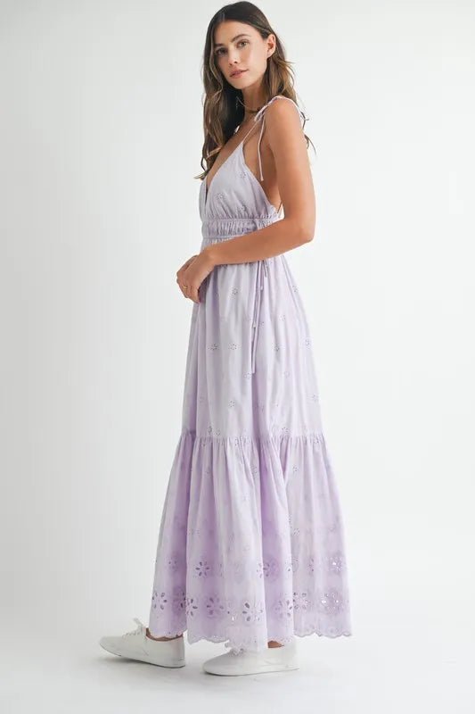 MABLE Eyelet Lace Maxi Dress With Side Strap Details - BlissfulBody.Boutique