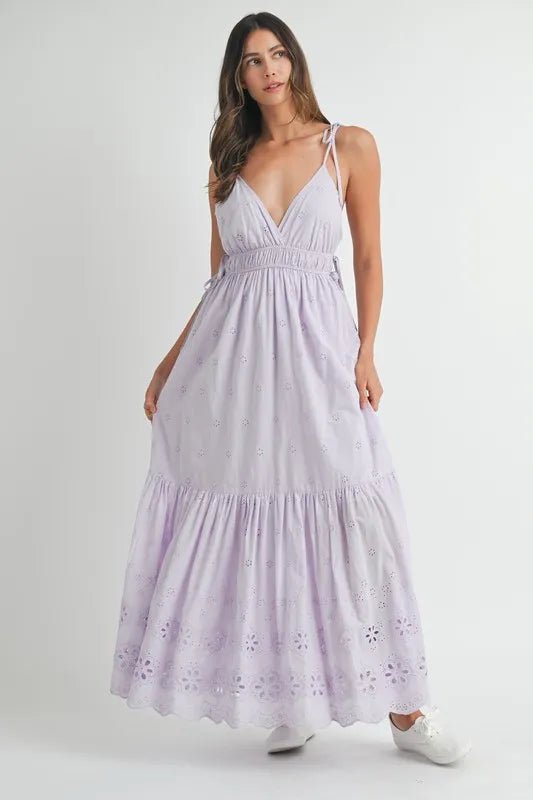 MABLE Eyelet Lace Maxi Dress With Side Strap Details - BlissfulBody.Boutique