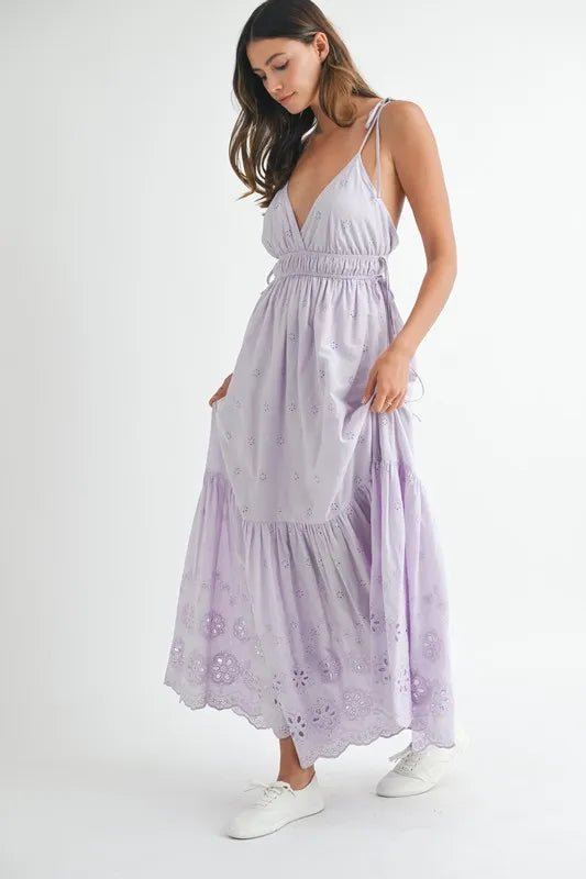 MABLE Eyelet Lace Maxi Dress With Side Strap Details - BlissfulBody.Boutique