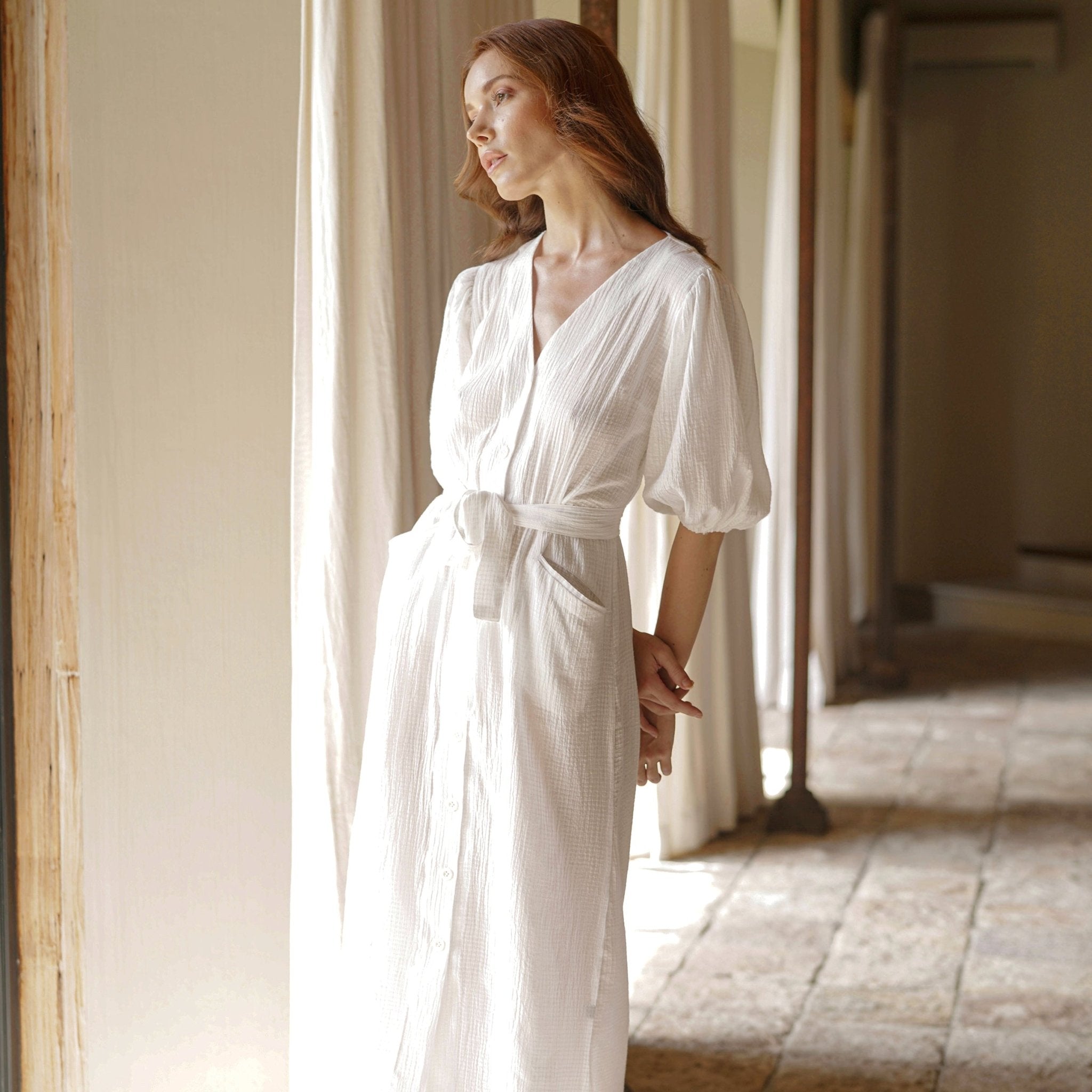 Meghan Crinkle Midi Dress, in Off - White - BlissfulBody.Boutique