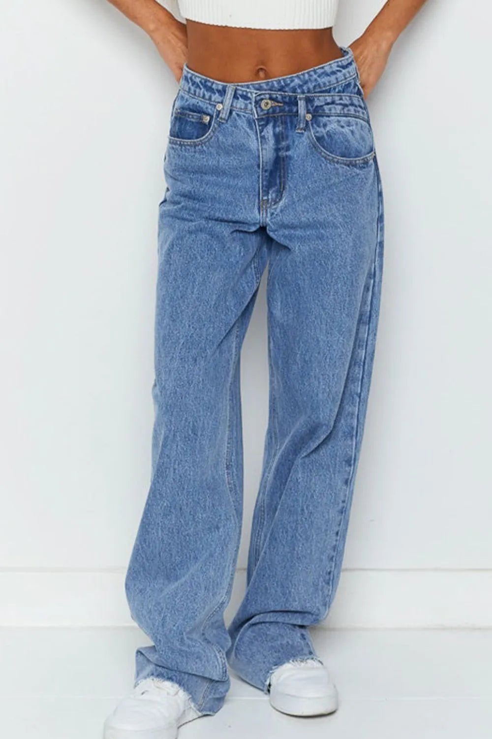 Mid Rise Asymmetrical Waist Wide Leg Jeans - BlissfulBody.Boutique