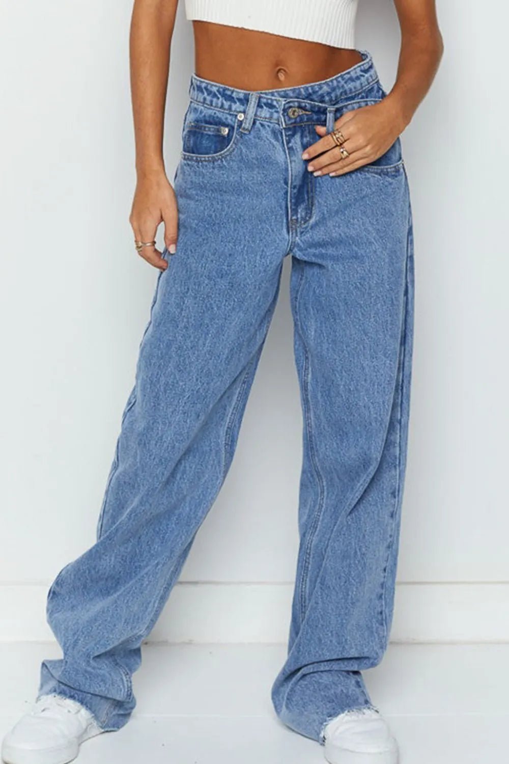 Mid Rise Asymmetrical Waist Wide Leg Jeans - BlissfulBody.Boutique