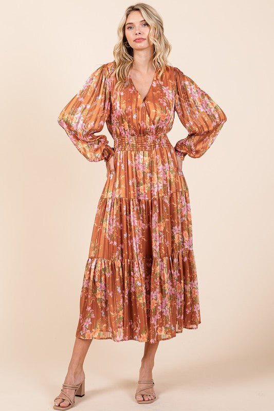 Mittoshop Flower Print Satin Lurex Stripe Smocked Midi Dress - BlissfulBody.Boutique