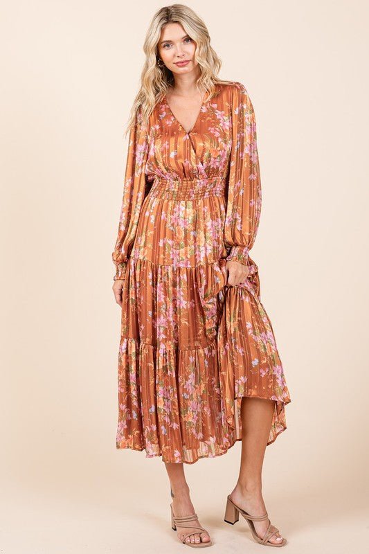 Mittoshop Flower Print Satin Lurex Stripe Smocked Midi Dress - BlissfulBody.Boutique