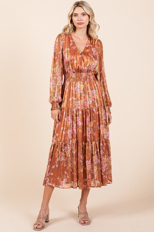 Mittoshop Flower Print Satin Lurex Stripe Smocked Midi Dress - BlissfulBody.Boutique