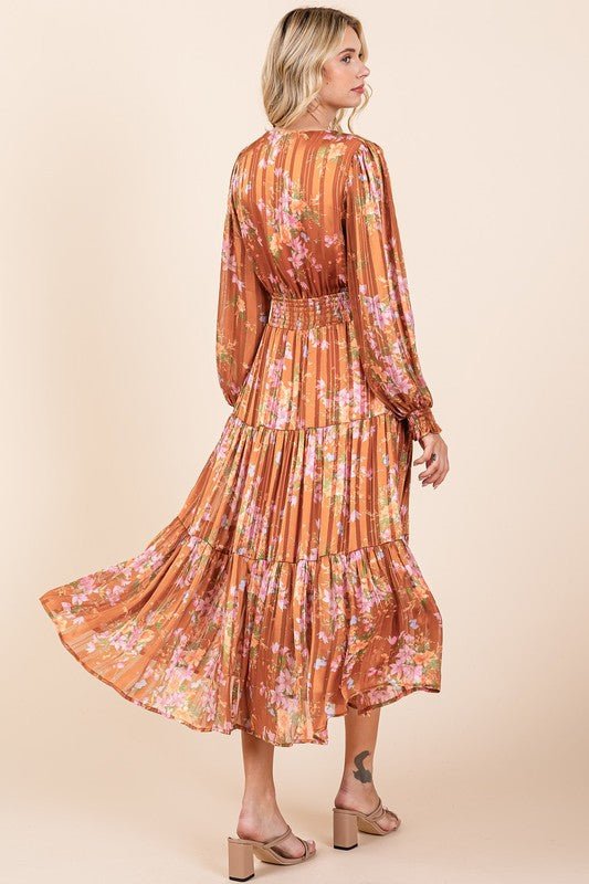 Mittoshop Flower Print Satin Lurex Stripe Smocked Midi Dress - BlissfulBody.Boutique