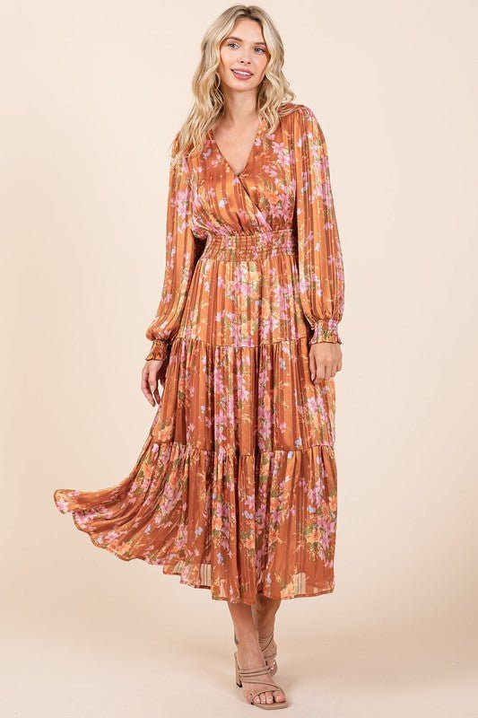 Mittoshop Flower Print Satin Lurex Stripe Smocked Midi Dress - BlissfulBody.Boutique