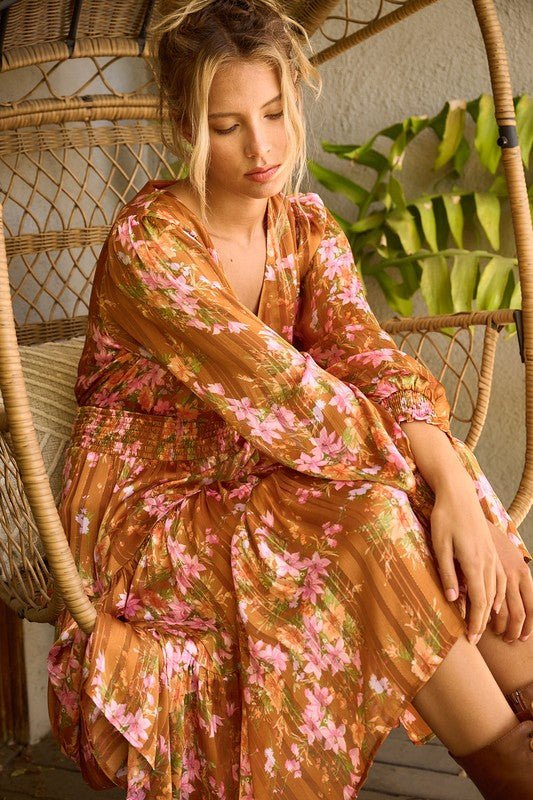 Mittoshop Flower Print Satin Lurex Stripe Smocked Midi Dress - BlissfulBody.Boutique