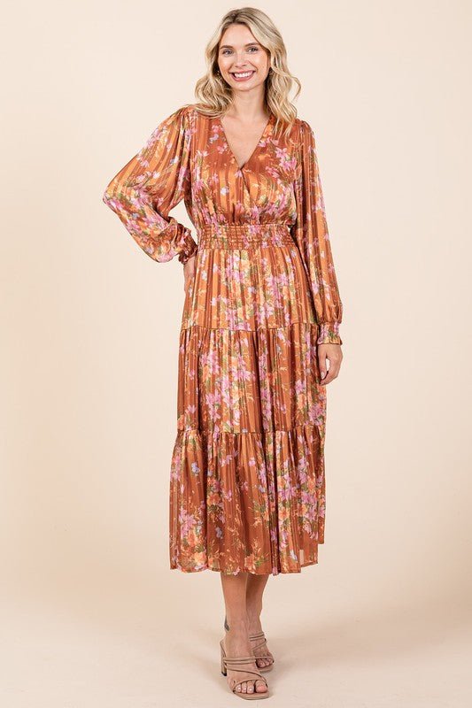 Mittoshop Flower Print Satin Lurex Stripe Smocked Midi Dress - BlissfulBody.Boutique