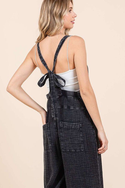 Mittoshop Textured Wide Leg Overalls Black - BlissfulBody.Boutique