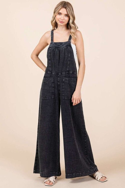 Mittoshop Textured Wide Leg Overalls Black - BlissfulBody.Boutique