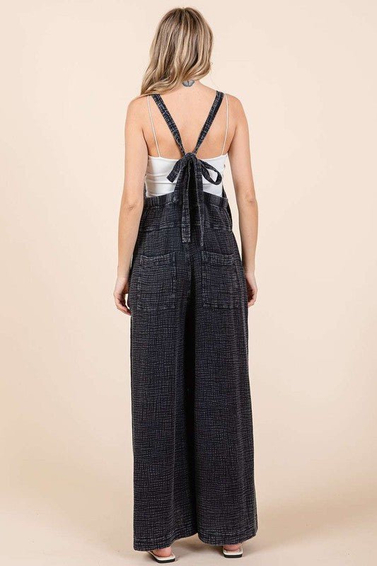 Mittoshop Textured Wide Leg Overalls Black - BlissfulBody.Boutique