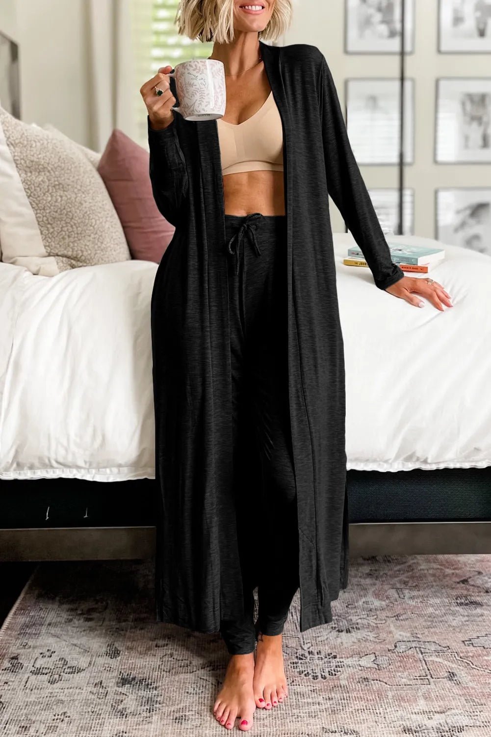 Open Front Long Sleeve Cardigan and Pants Lounge Set - BlissfulBody.Boutique