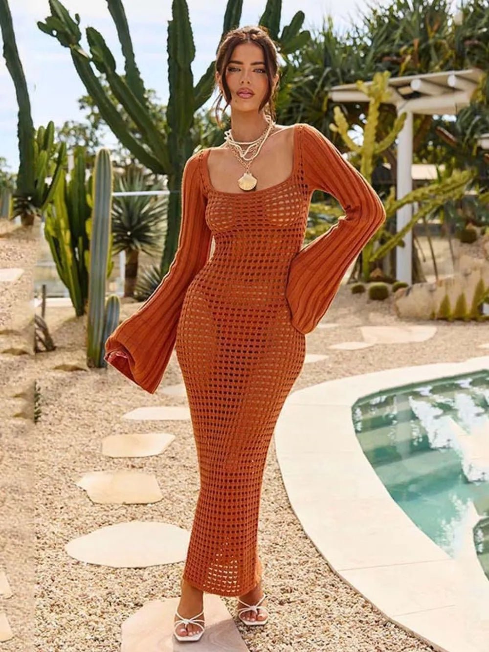 Openwork Square Neck Flare Sleeve Cover - Up Dress - BlissfulBody.Boutique