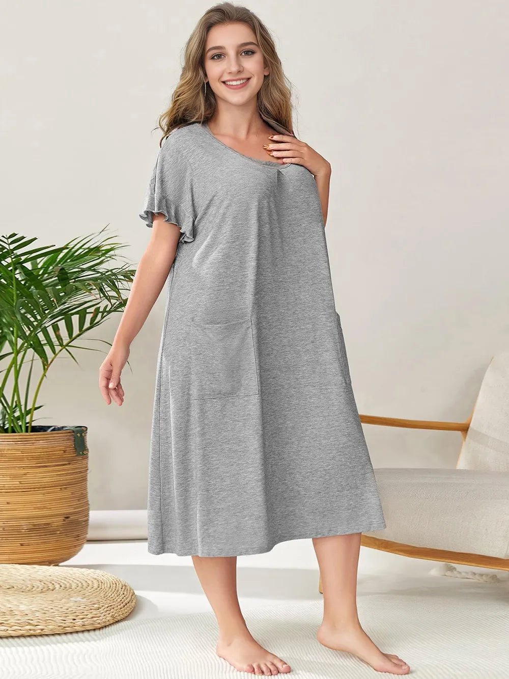 Plus Size Round Neck Short Sleeve Lounge Dress - BlissfulBody.Boutique