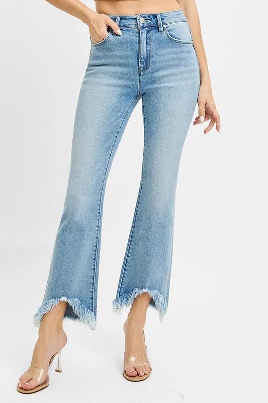 RISEN Full Size High Rise Crop Bootcut Fray Hem Jeans Plus Size - BlissfulBody.Boutique