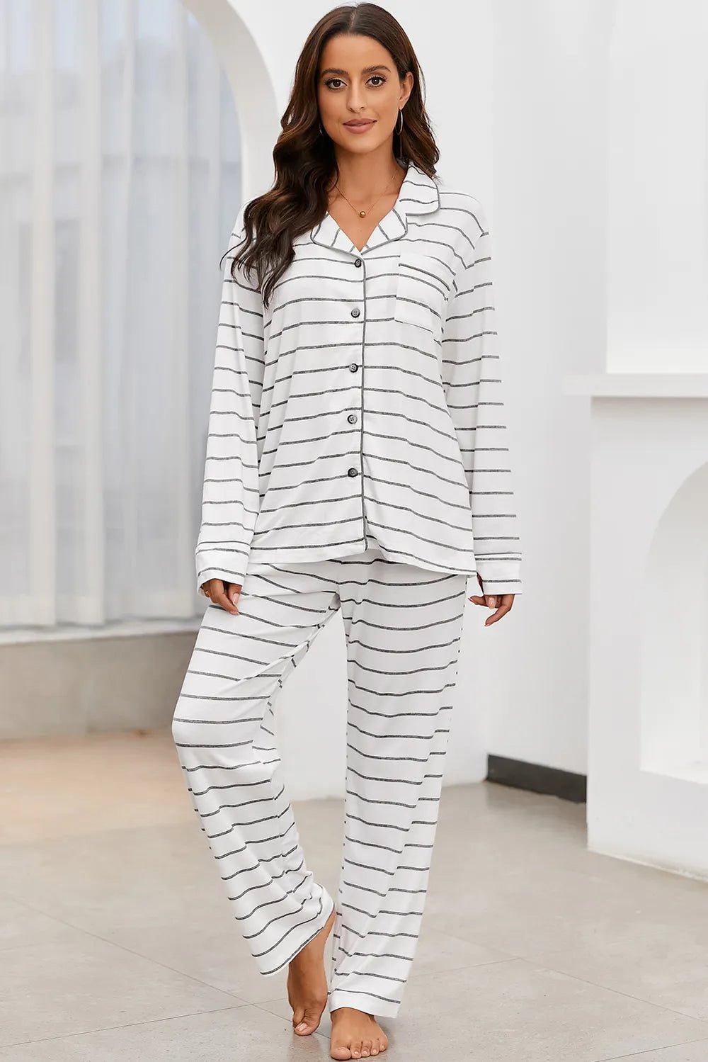 Striped V - Neck Long Sleeve Top and Pants Lounge Set - BlissfulBody.Boutique