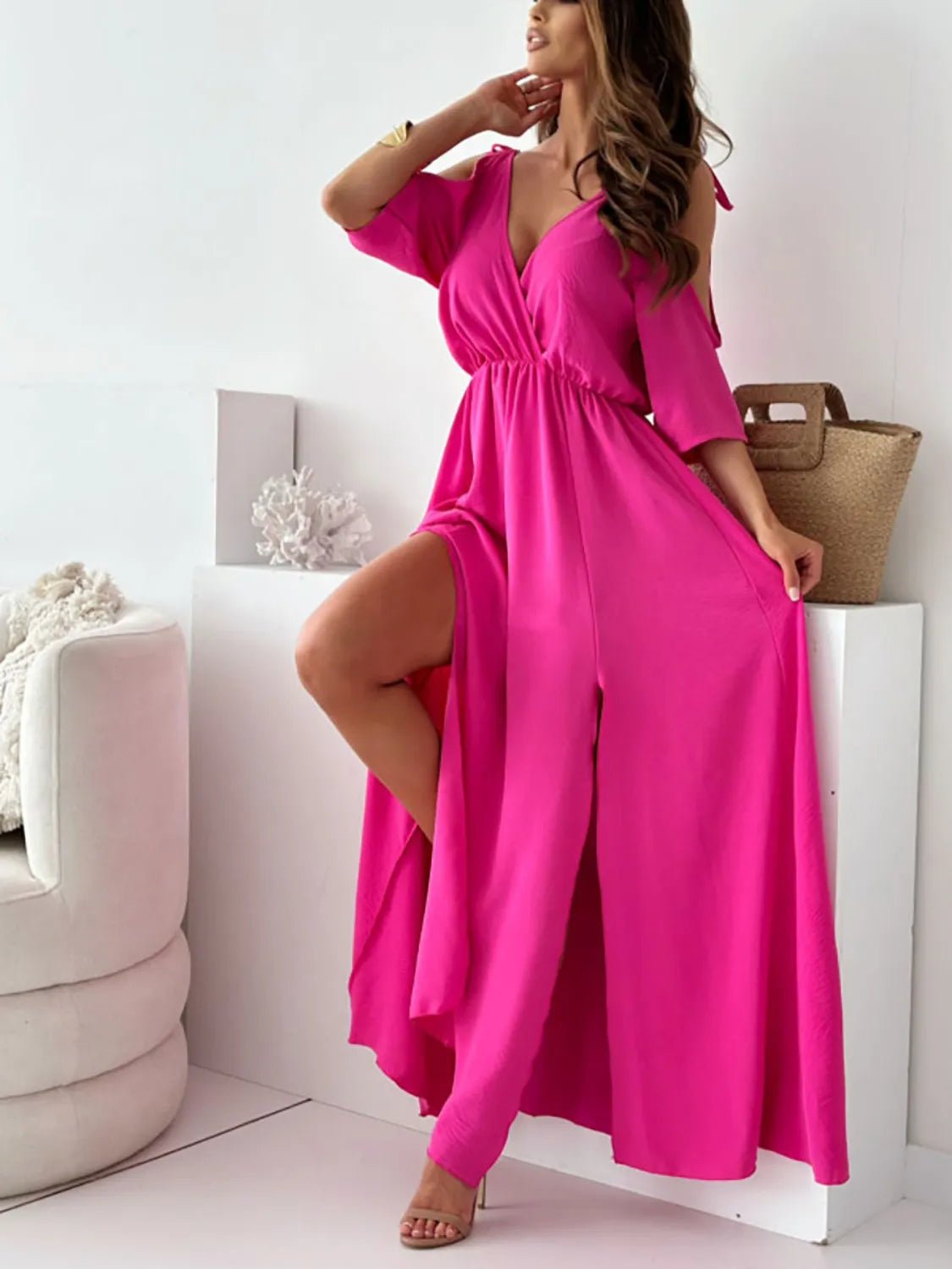 Tied Shoulder Slit Maxi Dress - BlissfulBody.Boutique
