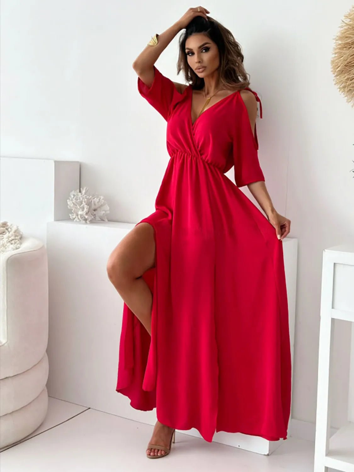 Tied Shoulder Slit Maxi Dress - BlissfulBody.Boutique