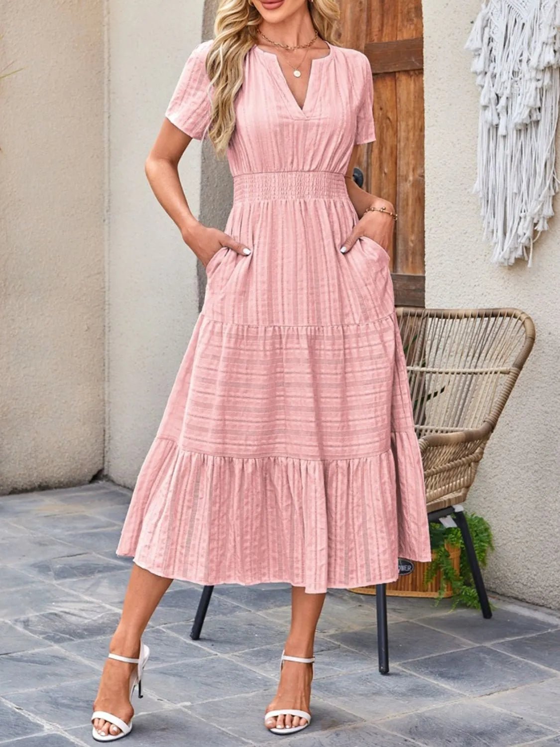 Tiered Notched Short Sleeve Dress - BlissfulBody.Boutique