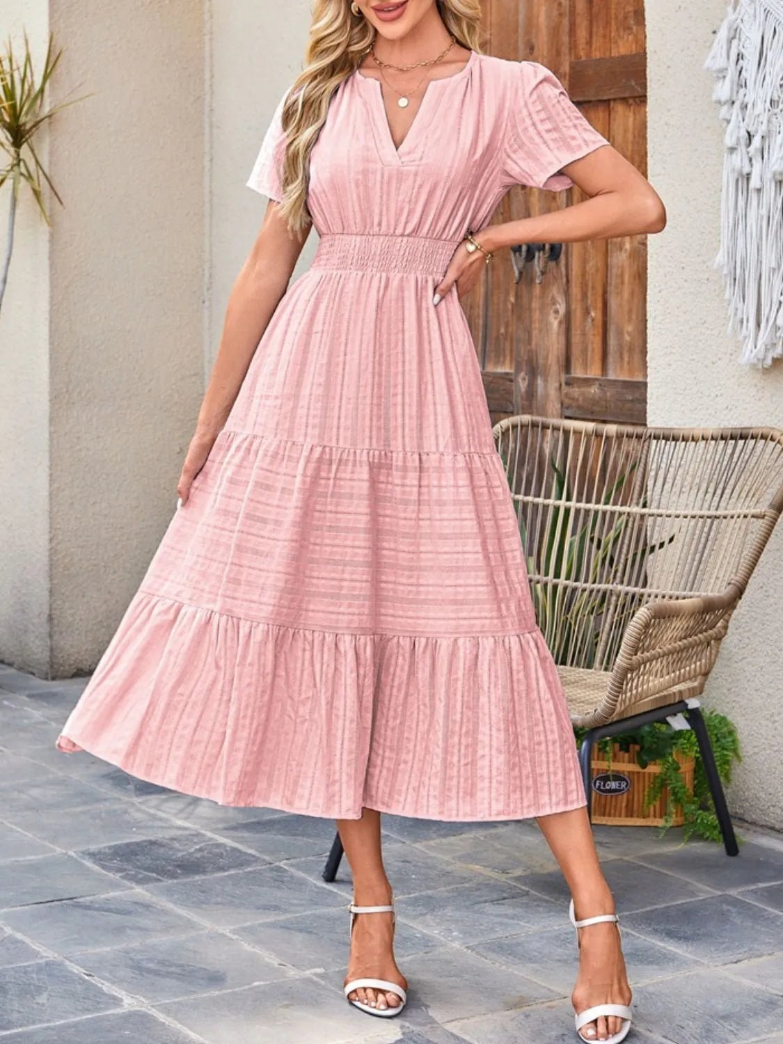 Tiered Notched Short Sleeve Dress - BlissfulBody.Boutique