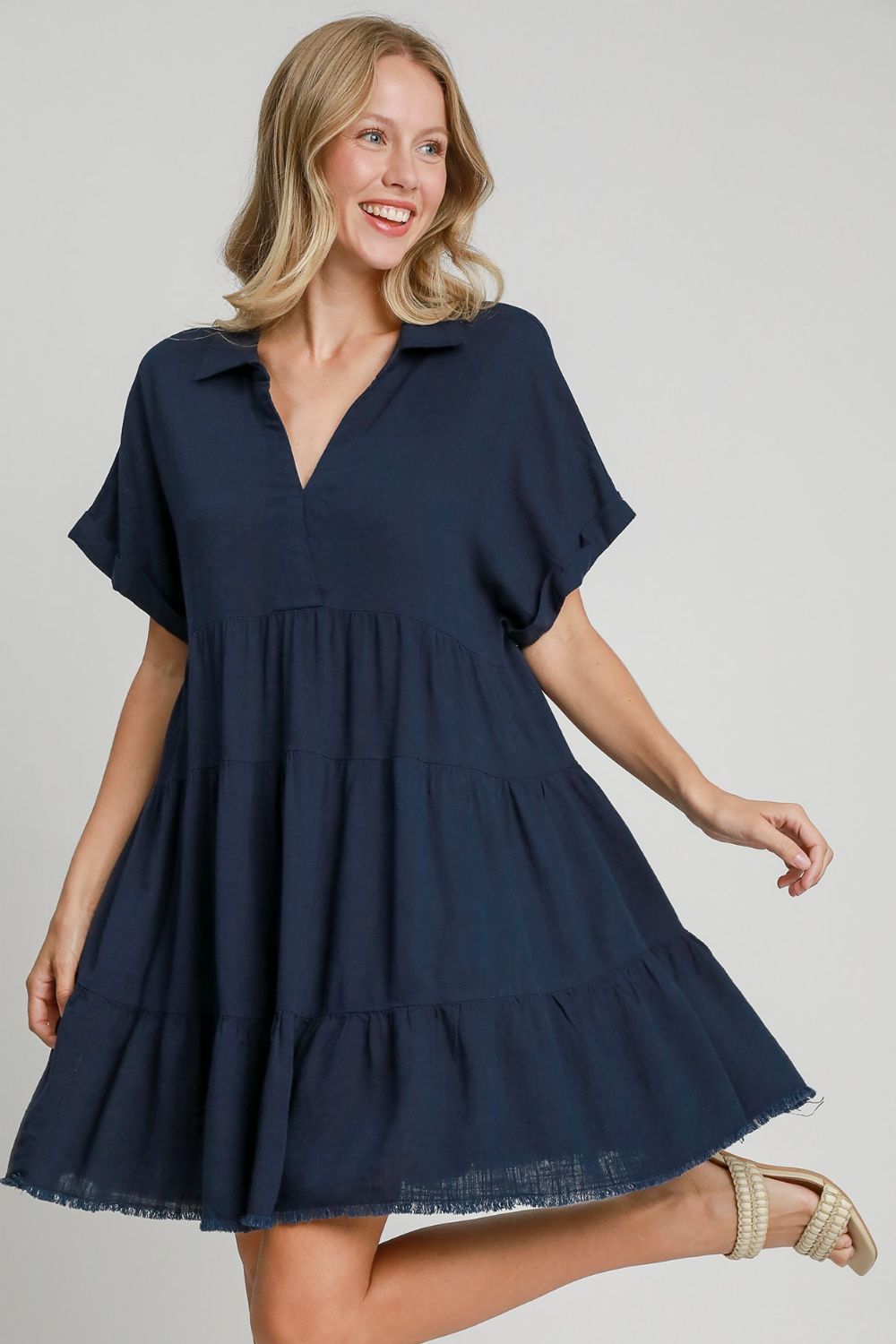Umgee Full Size Raw Hem Folded Sleeve Tiered Dress Plus Size - BlissfulBody.Boutique