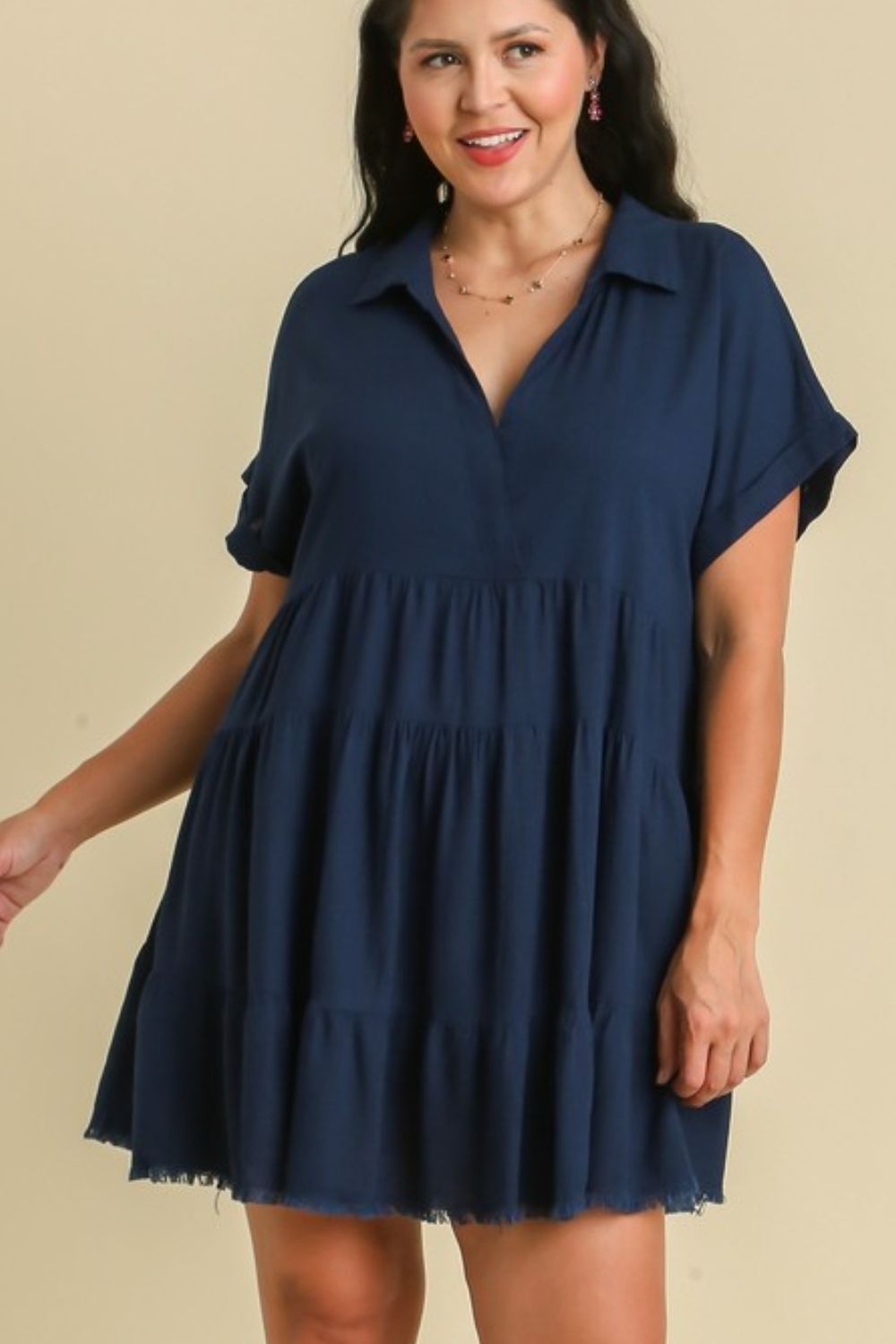 Umgee Full Size Raw Hem Folded Sleeve Tiered Dress Plus Size - BlissfulBody.Boutique