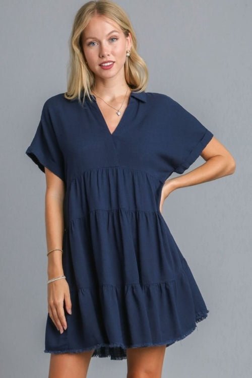 Umgee Full Size Raw Hem Folded Sleeve Tiered Dress Plus Size - BlissfulBody.Boutique