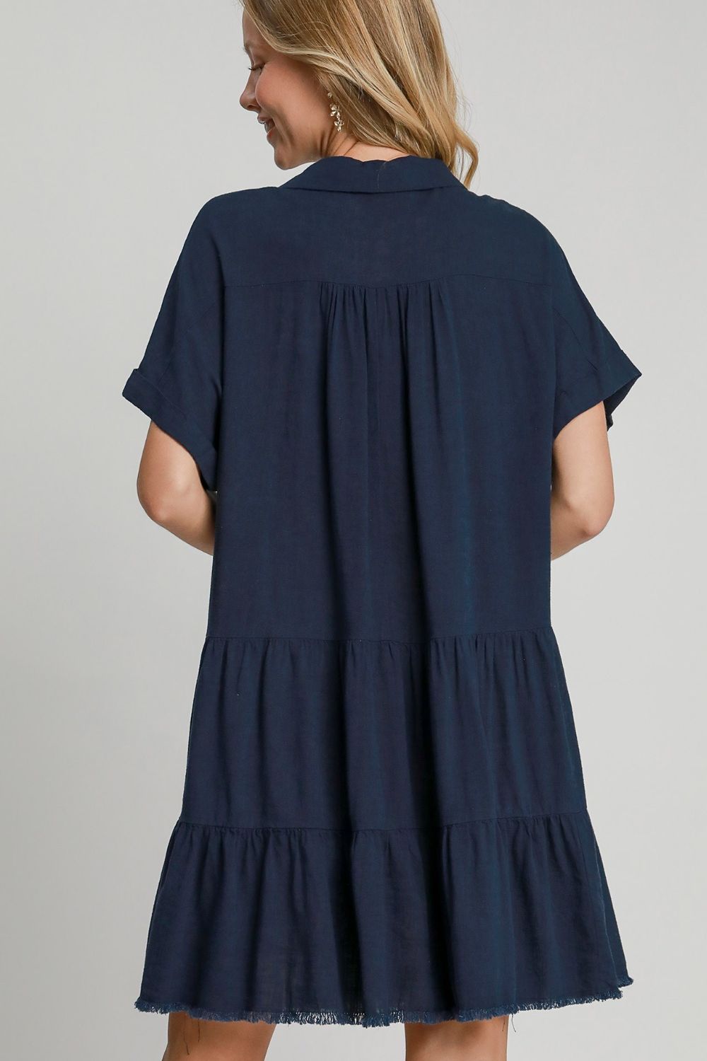 Umgee Full Size Raw Hem Folded Sleeve Tiered Dress Plus Size - BlissfulBody.Boutique