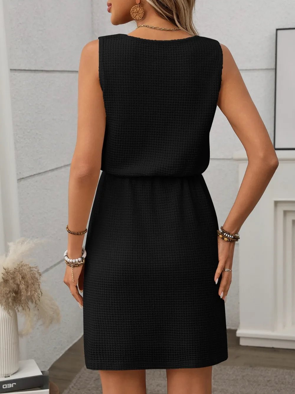 Waffle - Knit Drawstring Mini Tank Dress - BlissfulBody.Boutique