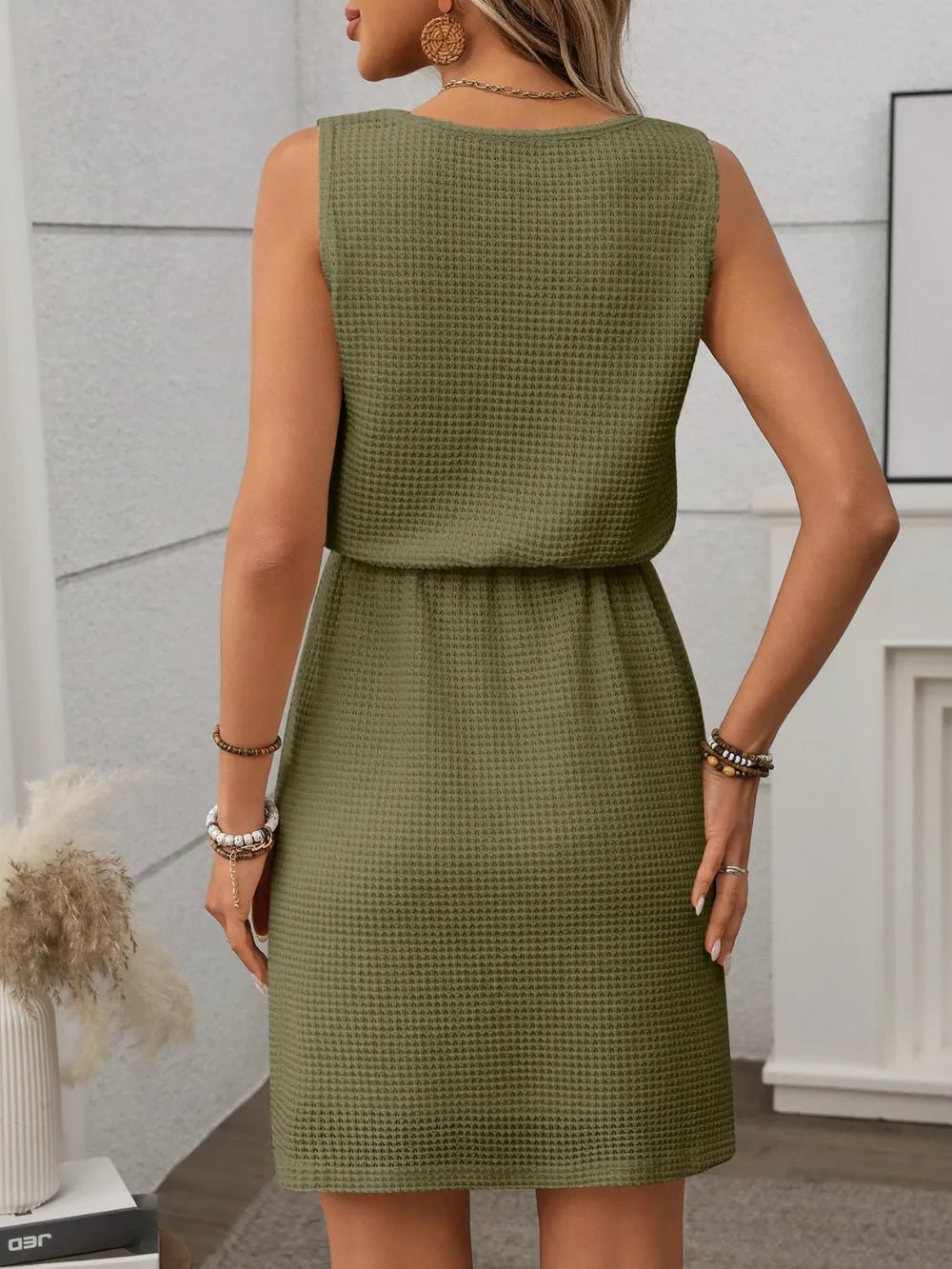 Waffle - Knit Drawstring Mini Tank Dress - BlissfulBody.Boutique
