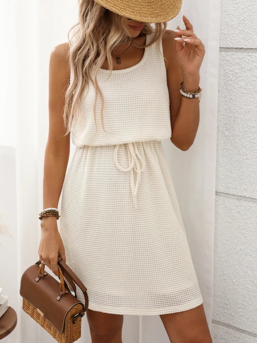 Waffle - Knit Drawstring Mini Tank Dress - BlissfulBody.Boutique