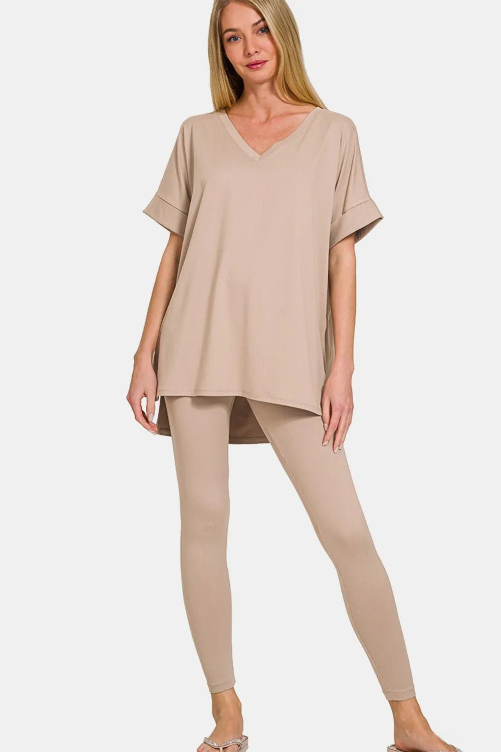 Zenana Full Size V - Neck Rolled Short Sleeve T-Shirt and Leggings Lounge Set - BlissfulBody.Boutique