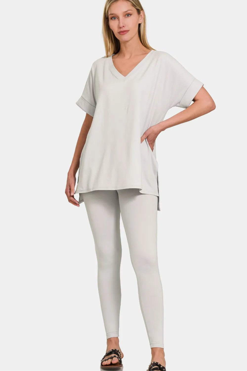Zenana V - Neck Rolled Short Sleeve T-Shirt and Leggings Lounge Set - BlissfulBody.Boutique